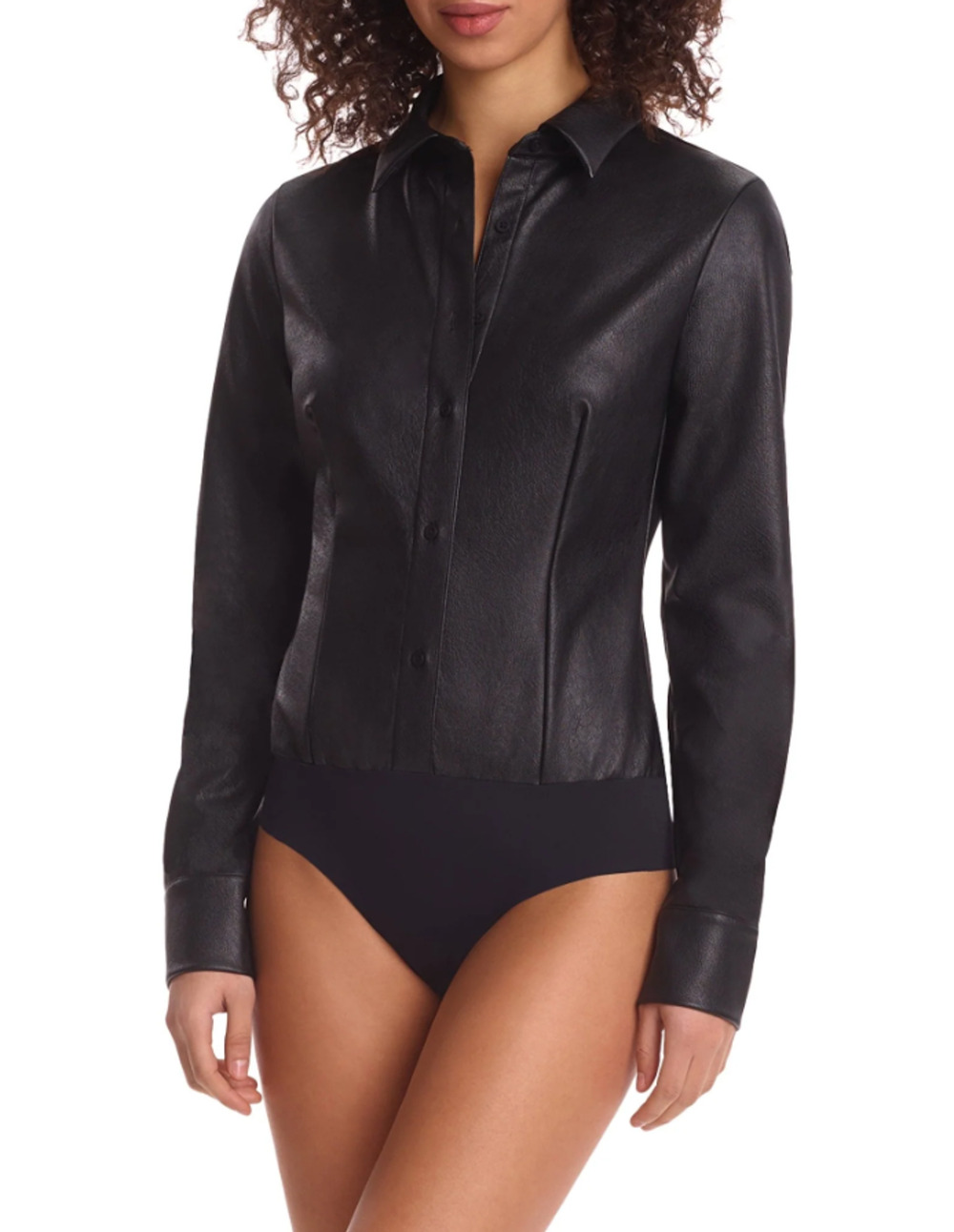 COMMANDO Women's Faux Leather Bodysuit Large Black Lightweight Button Down NWT
